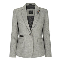 Gray blazer with a patterned shirt underneath on a white background