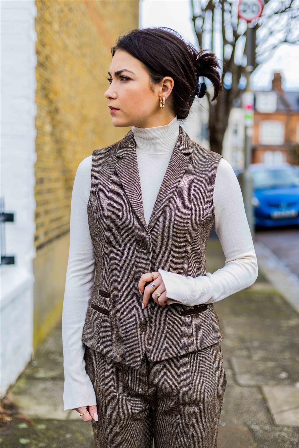Womens Waistcoat 1920s Vintage Blinders Tan Brown Herringbone Tailored Fit